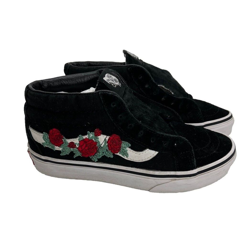 VANS SK8-Mid Black Embroidered Rose Skate Sneakers Shoes Women's 5.5